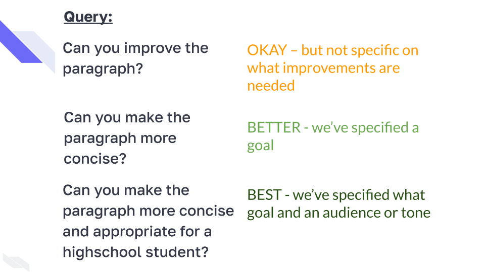 example of more precise ai prompt - can you improve the paragraph is vague, can you make the paragraph more concise is better, can you make the paragraph more concise and appropriate for a highschool student is even better